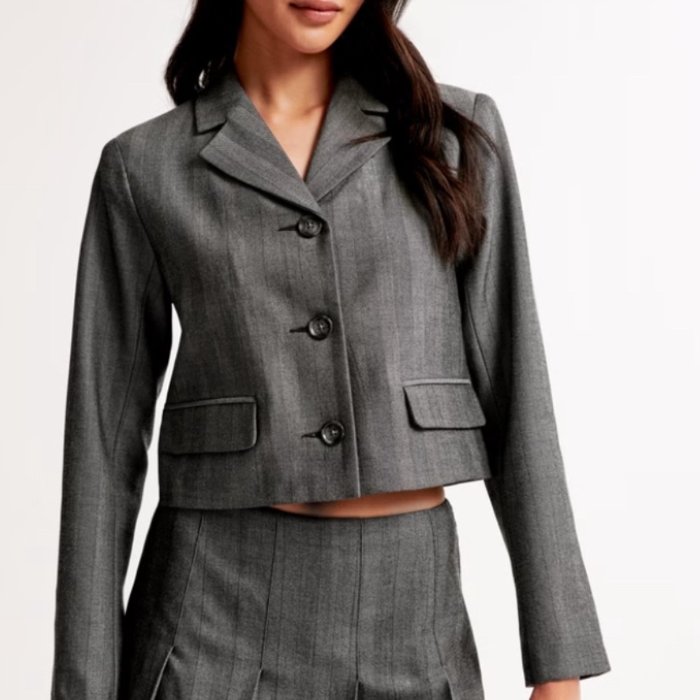Abercrombie & Fitch Gray Pinstripe Cropped Blazer and Pleated Skirt Set - Picture 3 of 13